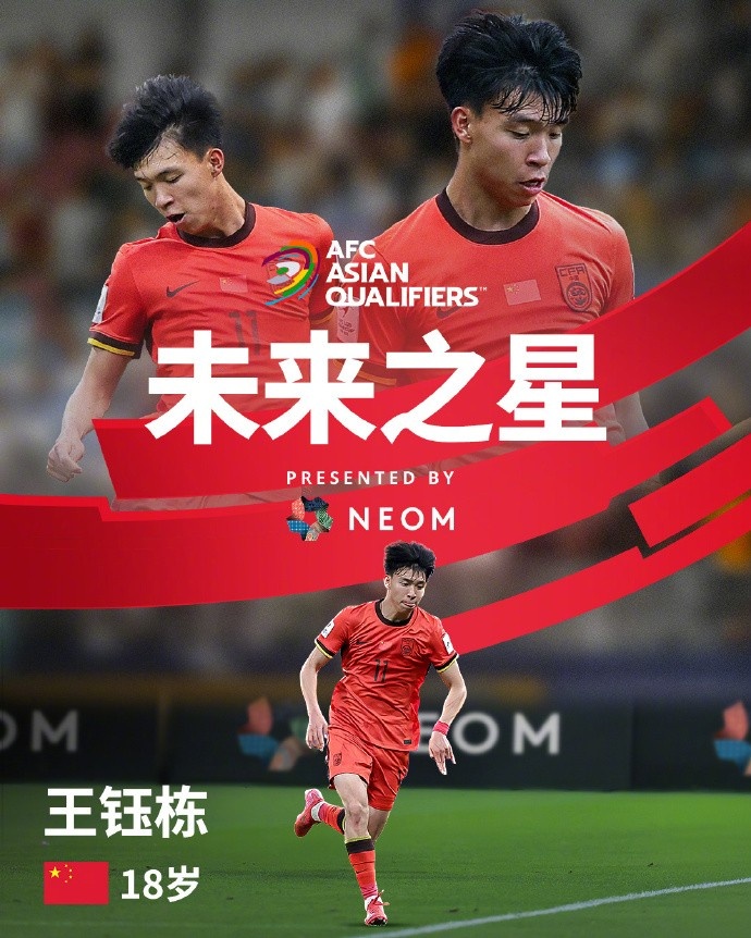 亞洲杯官方社媒發(fā)布王鈺棟個人海報：青年軍的旗幟，飄揚在前哨