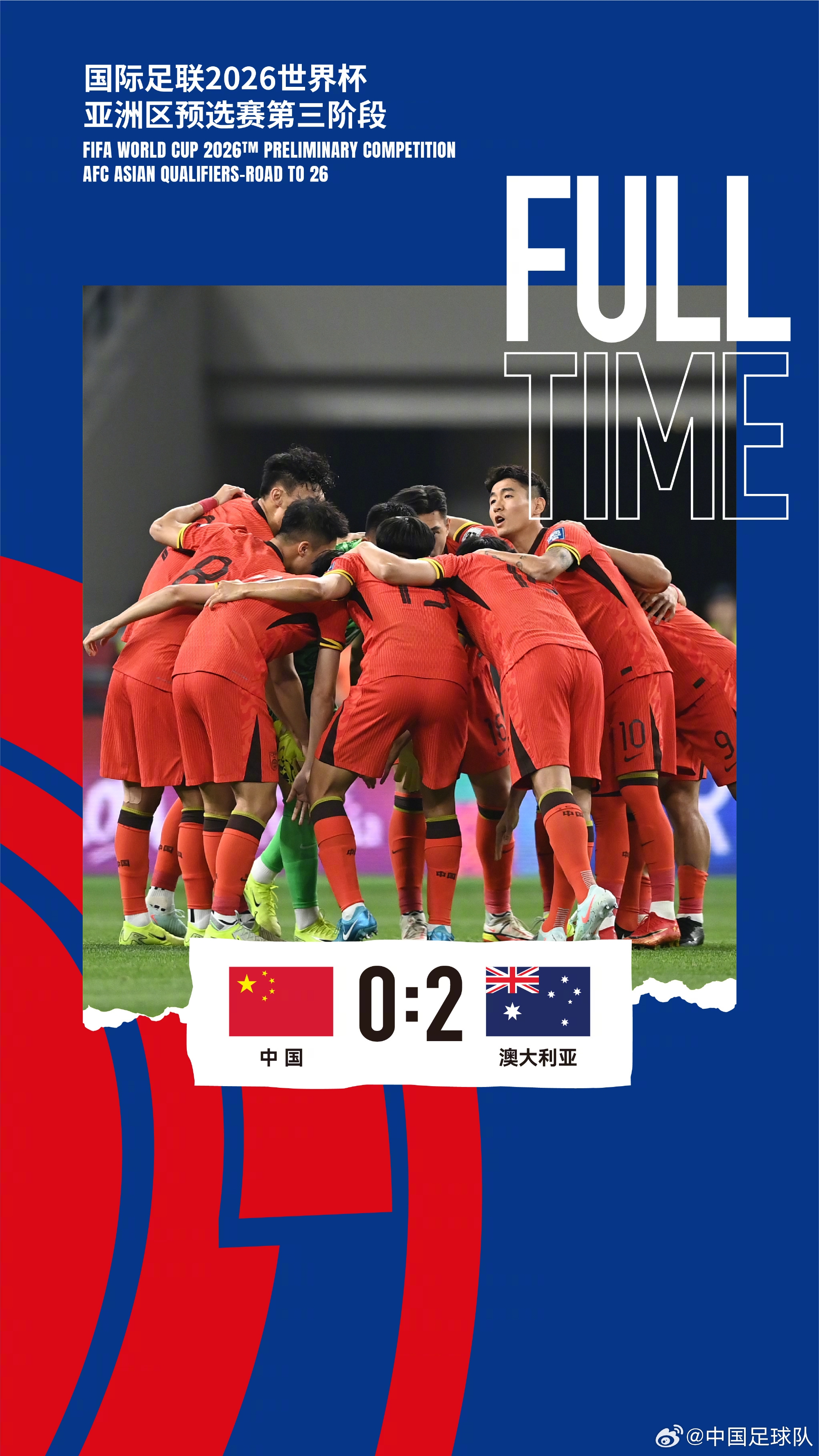 美加墨世界杯亞洲區(qū)預(yù)選賽第三階段第八輪，中國(guó)隊(duì)0-2澳大利亞隊(duì)
